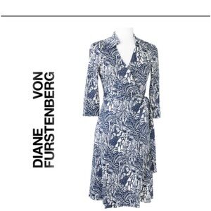 Diane Von Furstenberg Navy and White Floral Long Sleeve Wrap Dress